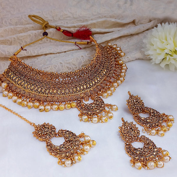 Kumavat Jewels Traditional Choker Gold Plated Necklace Set with Maang Tikka