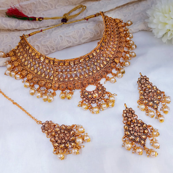 Kumavat Jewels Traditional Choker Gold Plated Necklace Set with Maang Tikka