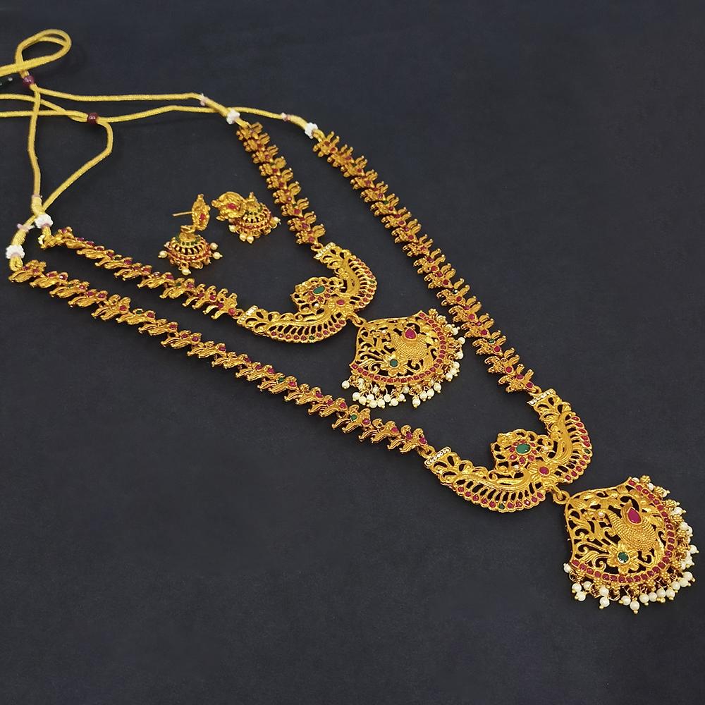 Kriaa Gold Plated Green & Pink & Pearl Double Necklace Set - 1116002