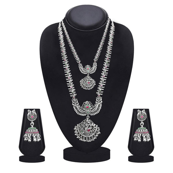 Kriaa Silver Plated Green & Pink & Pearl Double Necklace Set - 1116002A