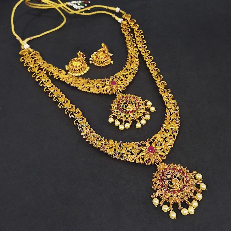Kriaa Gold Plated Green & Pink & Pearl Double Necklace Set - 1116003