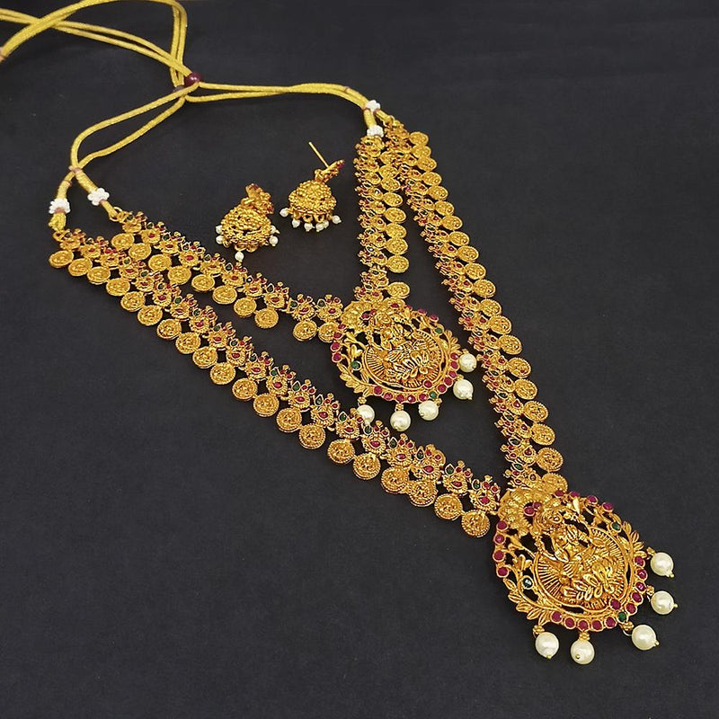 Kriaa Gold Plated Green & Pink & Pearl Double Necklace Set - 1116005