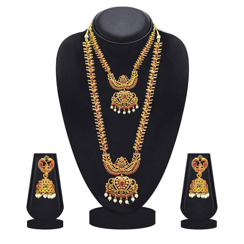 Kriaa Gold Plated Green & Pink & Pearl Double Necklace Set - 1116006A
