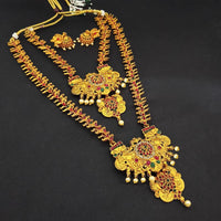 Kriaa Gold Plated Green & Pink & Pearl Double Necklace Set - 1116008A