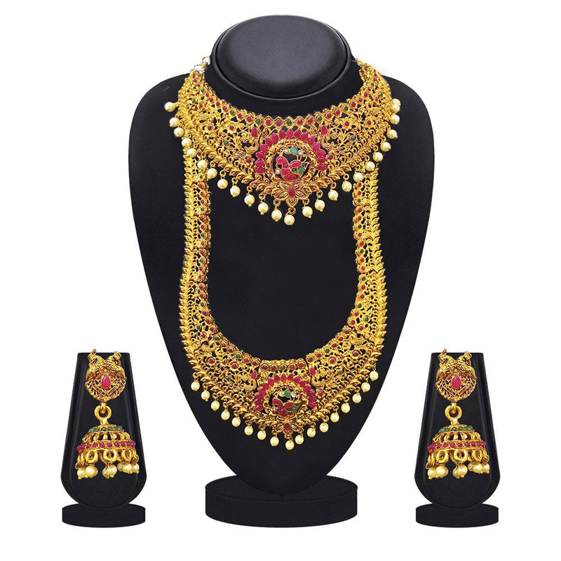 Kriaa Gold Plated Green & Pink Double Necklace Set - 1116011A