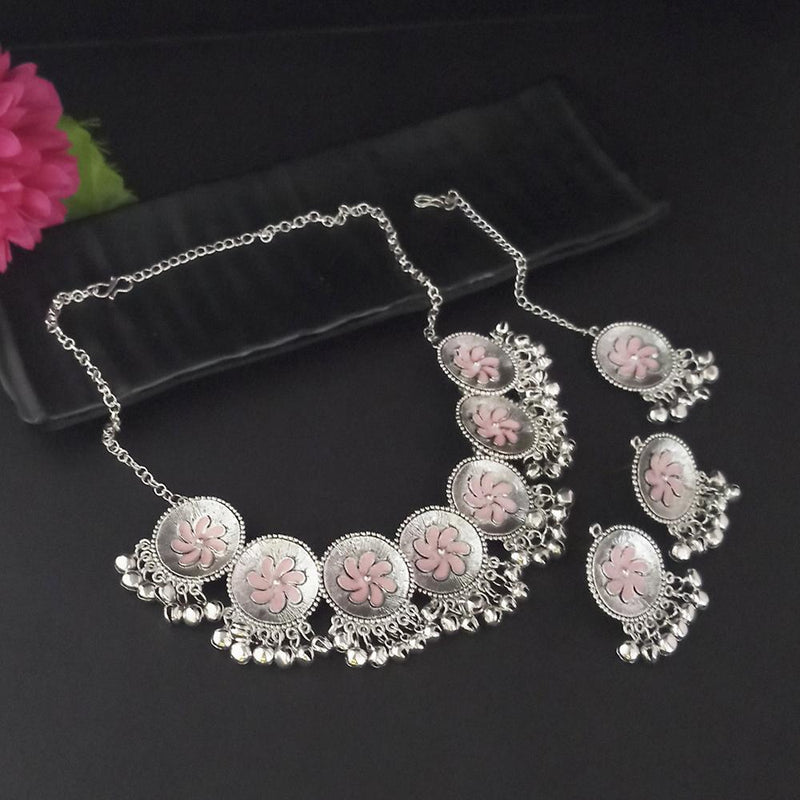 Kriaa Oxidised Plated Light Pink Meenakari Necklace Set With Maang Tikka - 1116013I