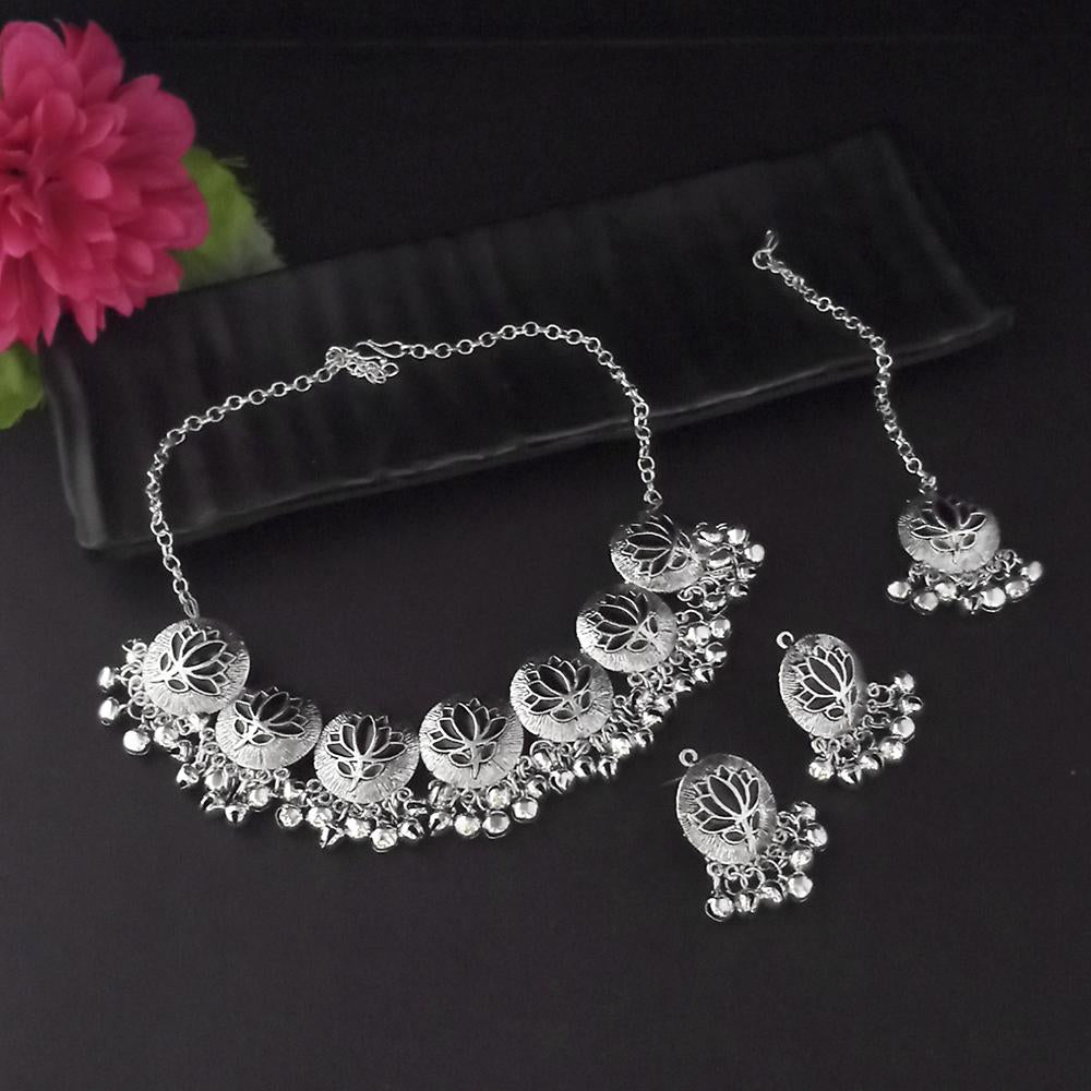 Kriaa Oxidised Plated Black Meenakari Necklace Set With Maang Tikka - 1116015B