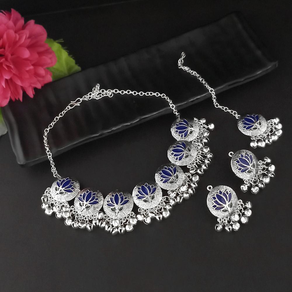 Kriaa Oxidised Plated Blue Meenakari Necklace Set With Maang Tikka - 1116015D