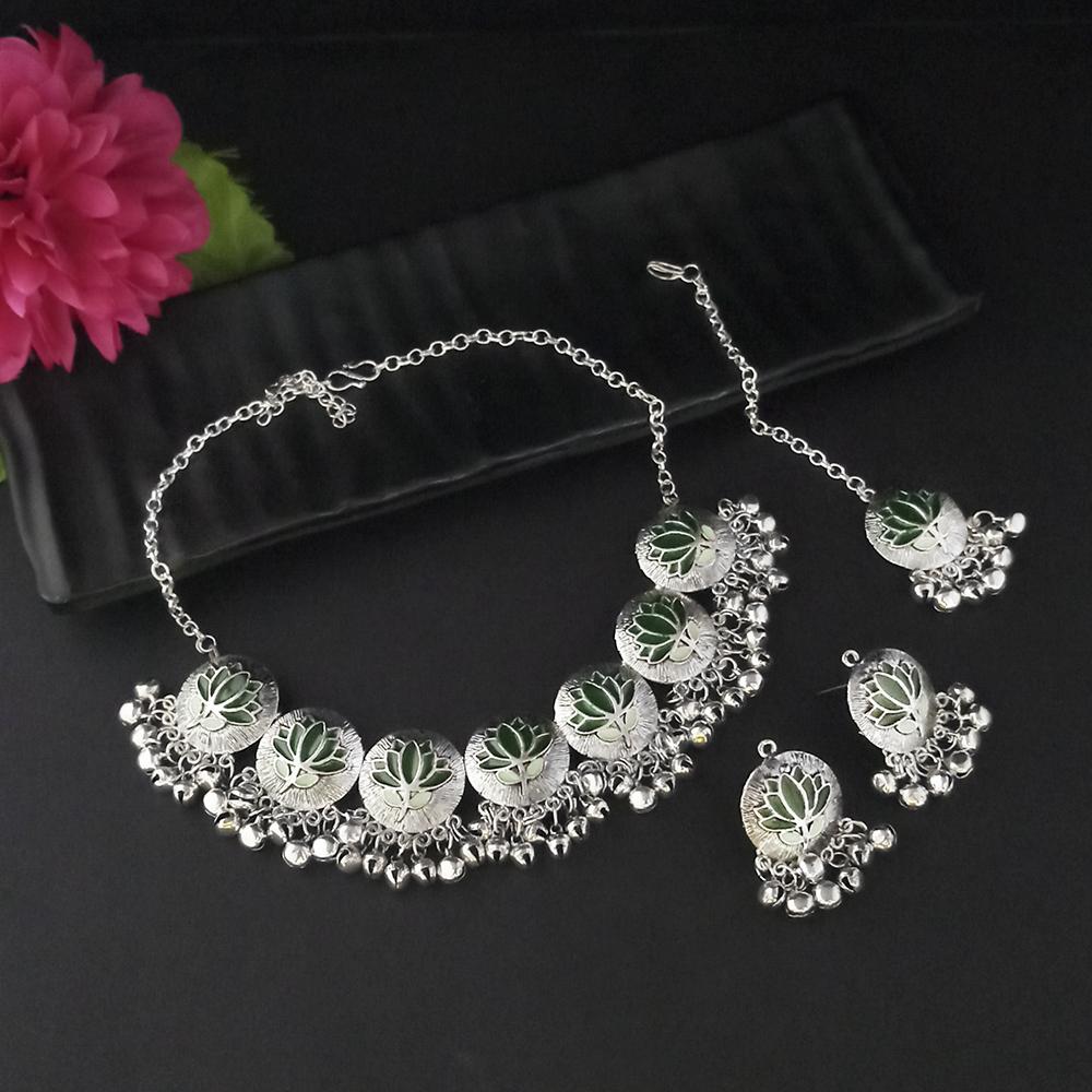 Kriaa Oxidised Plated Green Meenakari Necklace Set With Maang Tikka - 1116015G