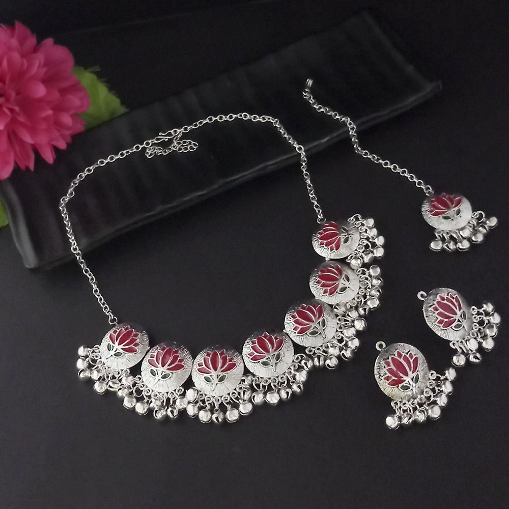 Kriaa Oxidised Plated Red Meenakari Necklace Set With Maang Tikka - 1116015H