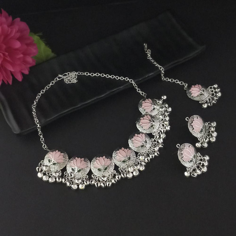 Kriaa Oxidised Plated Light Pink Meenakari Necklace Set With Maang Tikka - 1116015I