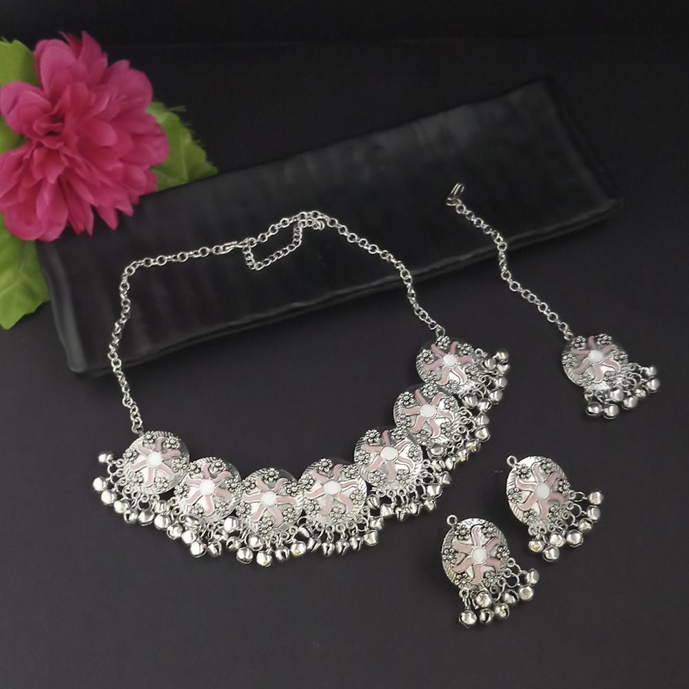 Kriaa Oxidised Plated Light Pink Meenakari Necklace Set With Maang Tikka - 1116016I