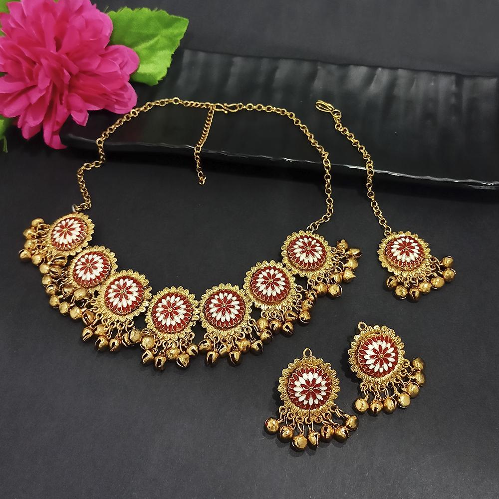 Kriaa Gold Plated Red Meenakari Necklace Set With Maang Tikka - 1116019A