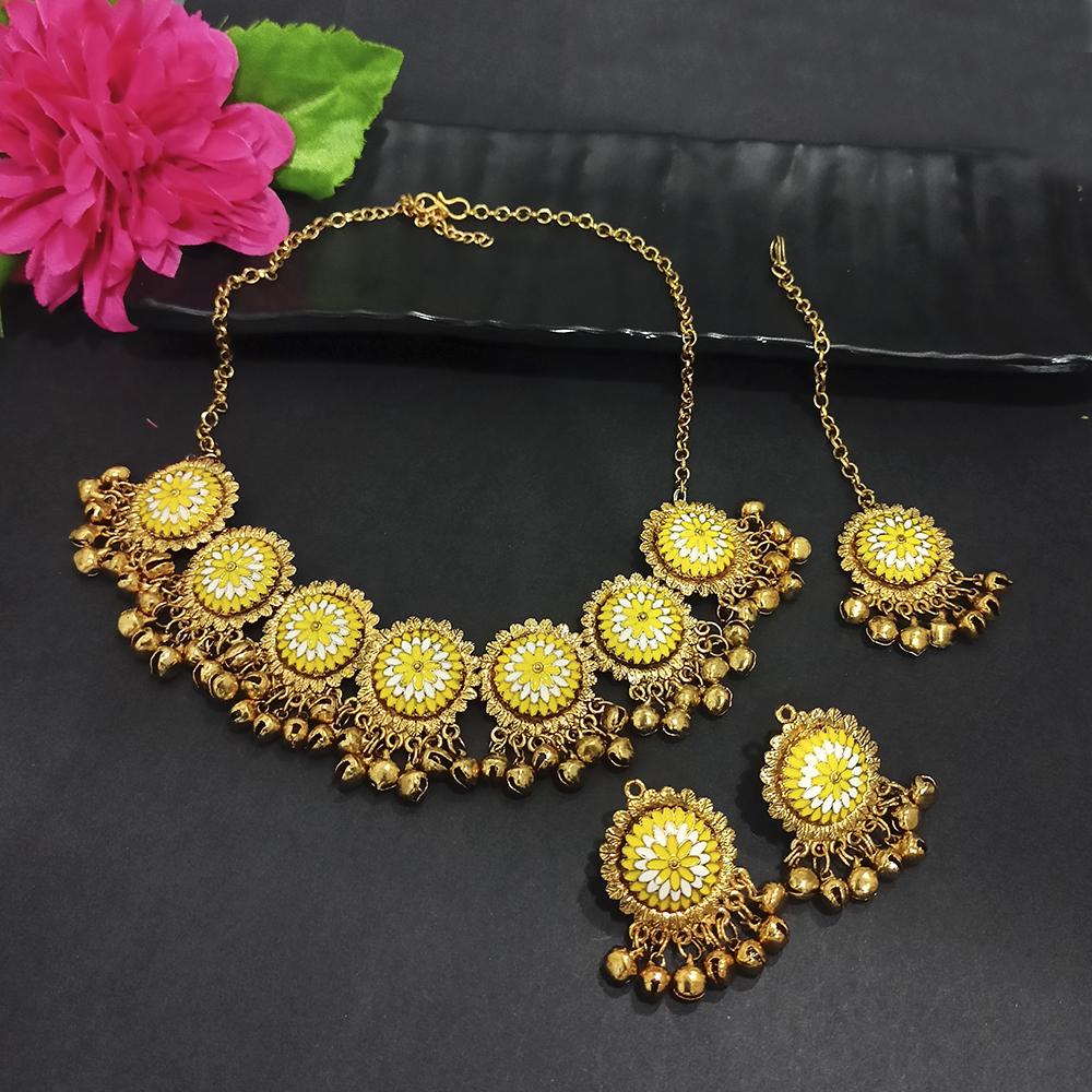 Kriaa Gold Plated Yellow Meenakari Necklace Set With Maang Tikka - 1116019B