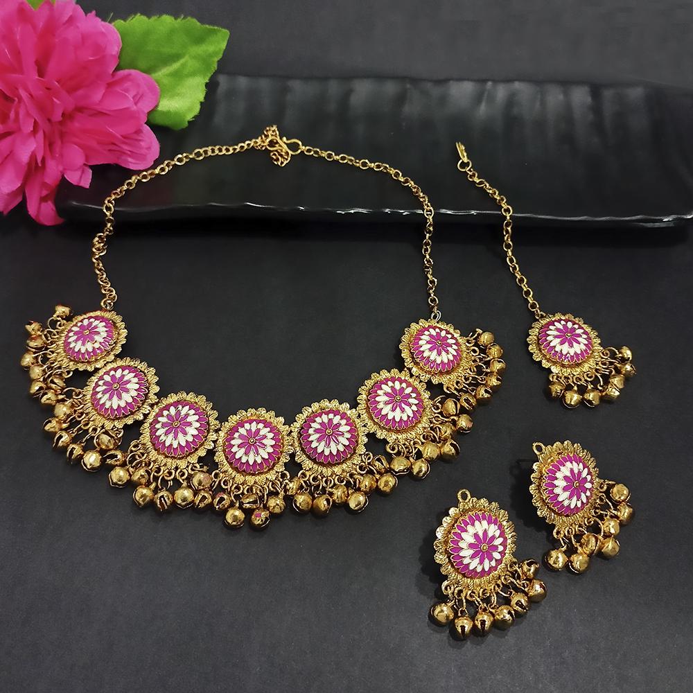 Kriaa Gold Plated Pink Meenakari Necklace Set With Maang Tikka - 1116019C