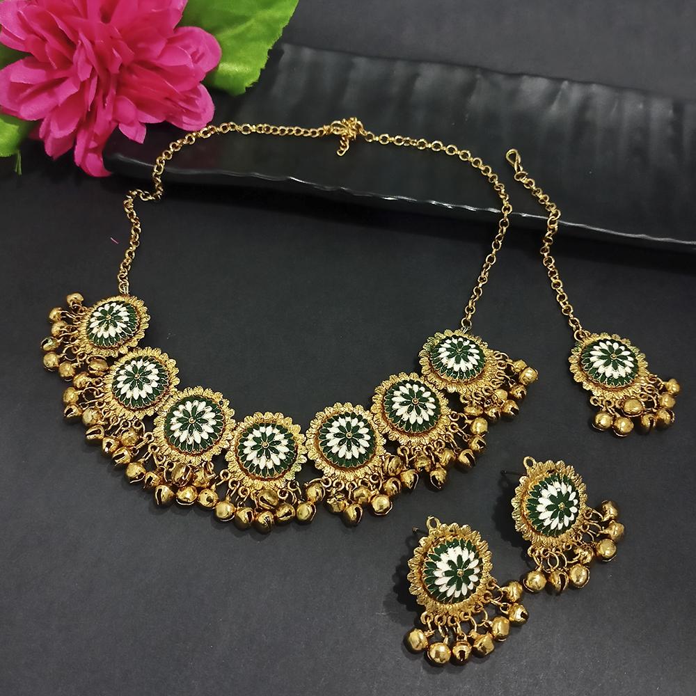 Kriaa Gold Plated Green Meenakari Necklace Set With Maang Tikka - 1116019D