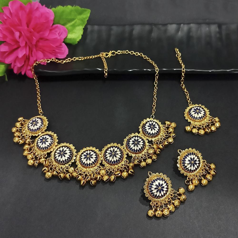 Kriaa Gold Plated Blue Meenakari Necklace Set With Maang Tikka - 1116019E