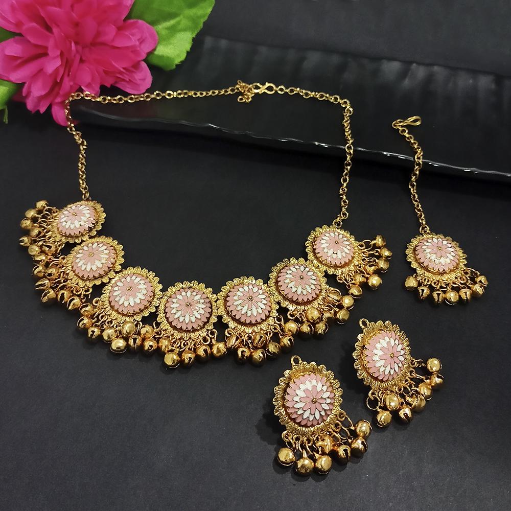 Kriaa Gold Plated Peach Meenakari Necklace Set With Maang Tikka - 1116019G