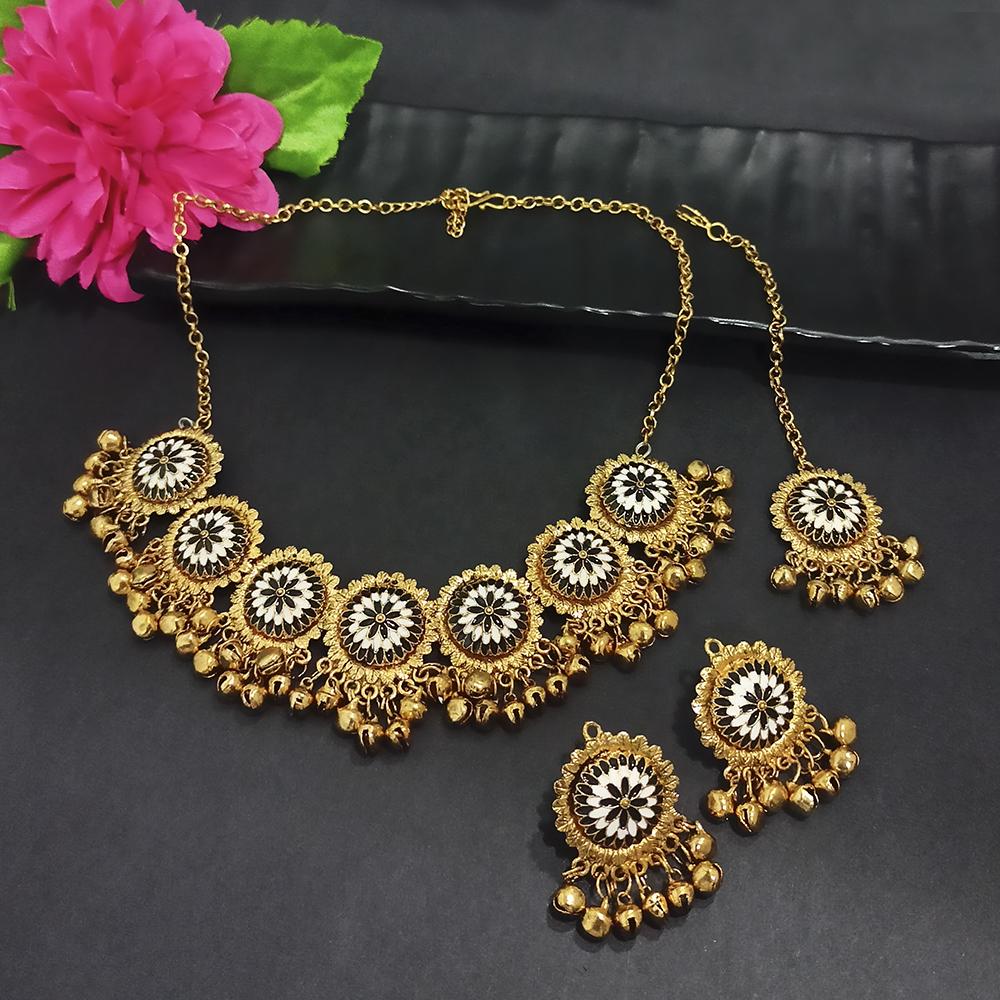 Kriaa Gold Plated Black Meenakari Necklace Set With Maang Tikka - 1116019H