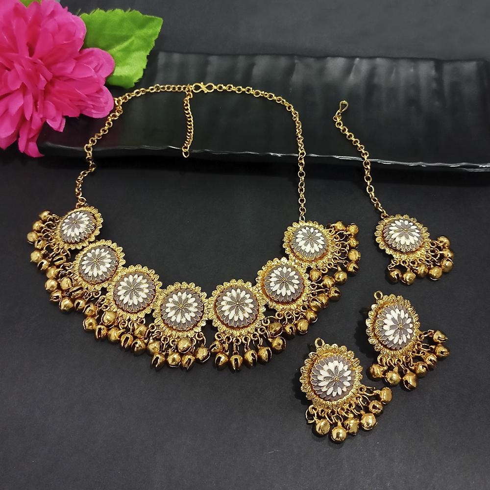 Kriaa Gold Plated Grey Meenakari Necklace Set With Maang Tikka - 1116019J