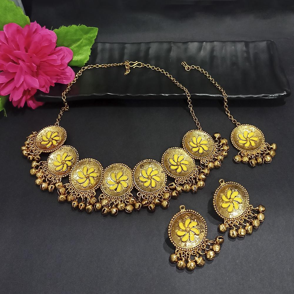 Kriaa Gold Plated Yellow Meenakari Necklace Set With Maang Tikka - 1116020B