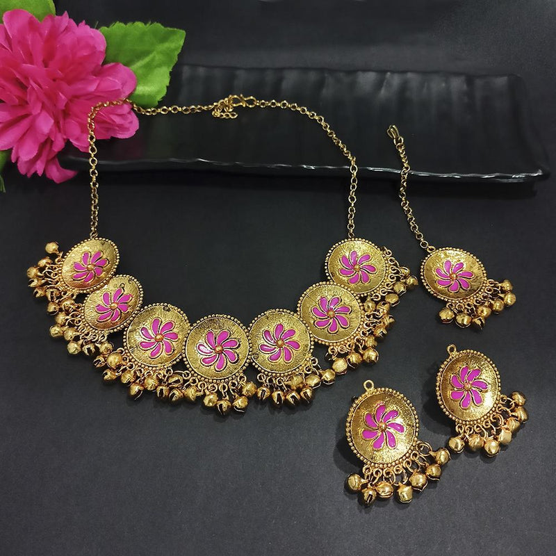 Kriaa Gold Plated Pink Meenakari Necklace Set With Maang Tikka - 1116020C