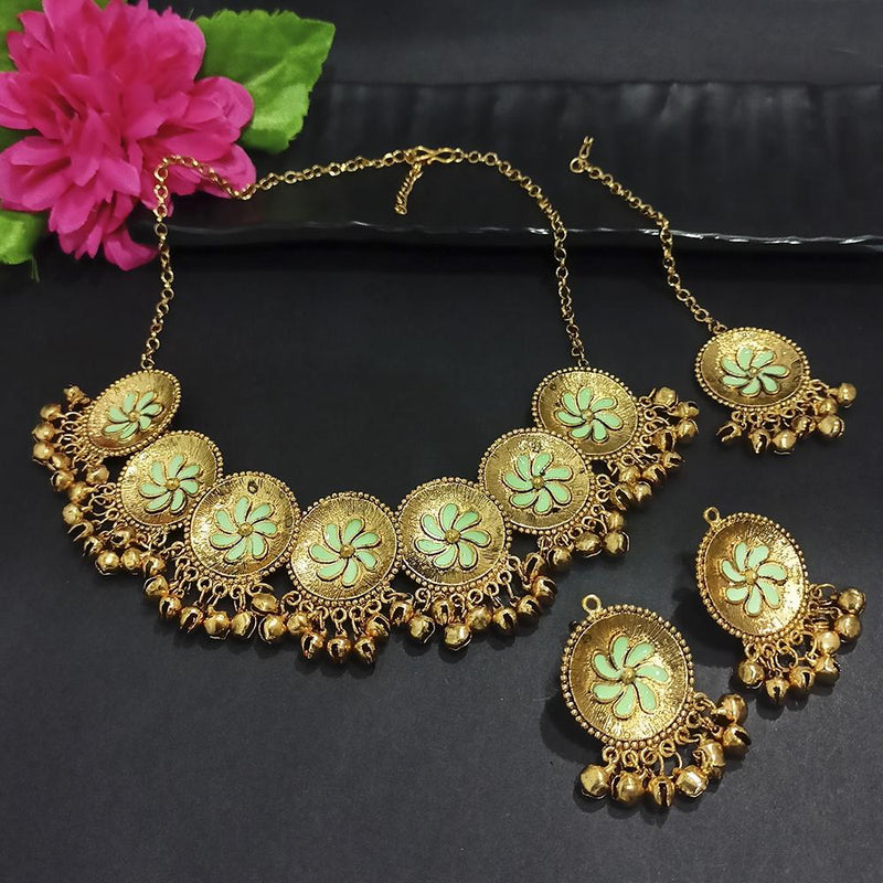 Kriaa Gold Plated Light Green Meenakari Necklace Set With Maang Tikka - 1116020F