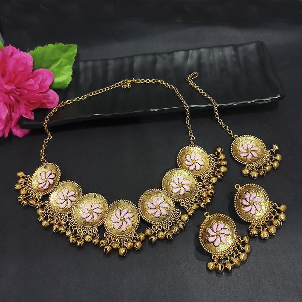 Kriaa Gold Plated Light Pink Meenakari Necklace Set With Maang Tikka - 1116020I