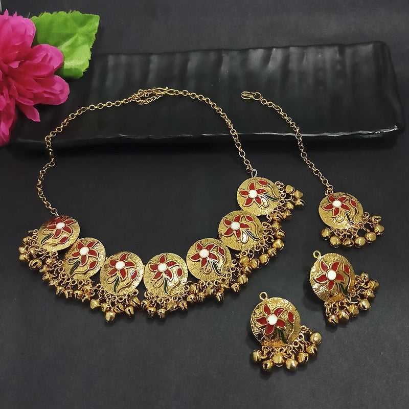 Kriaa Gold Plated Red Meenakari Necklace Set With Maang Tikka - 1116021A
