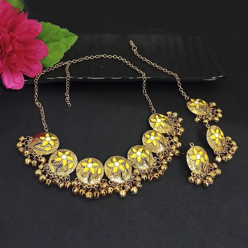 Kriaa Gold Plated Yellow Meenakari Necklace Set With Maang Tikka - 1116021B