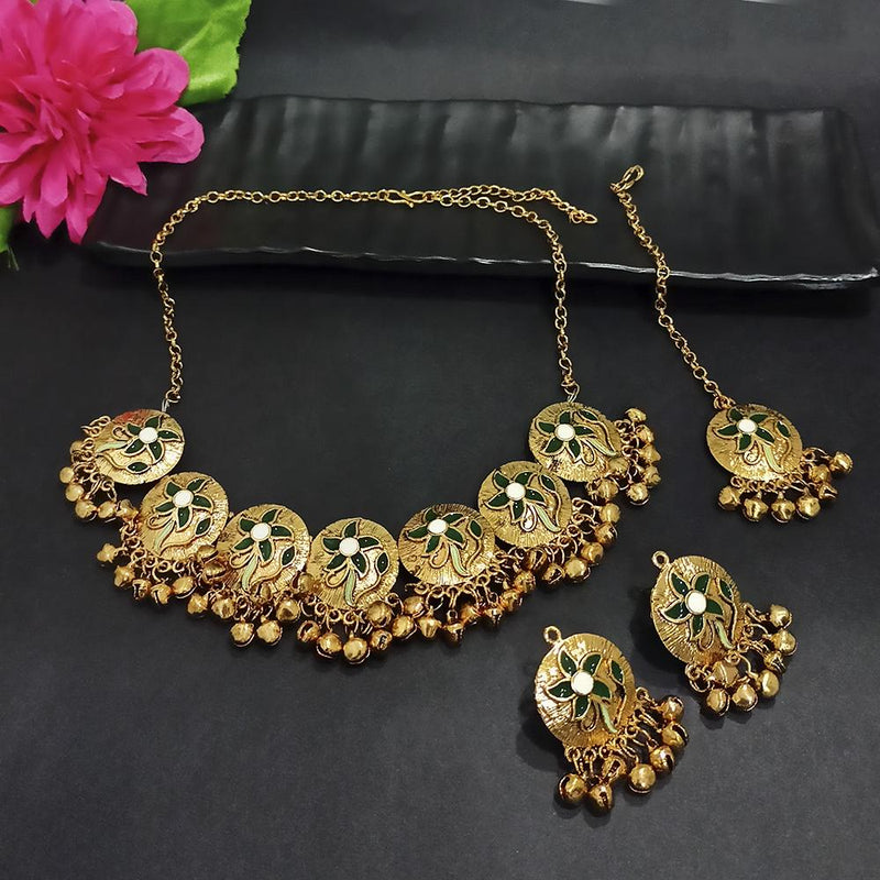 Kriaa Gold Plated Green Meenakari Necklace Set With Maang Tikka - 1116021D