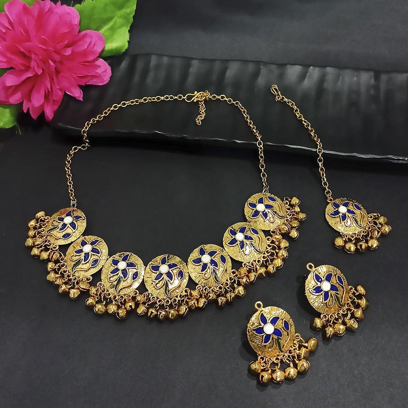 Kriaa Gold Plated Blue Meenakari Necklace Set With Maang Tikka - 1116021E