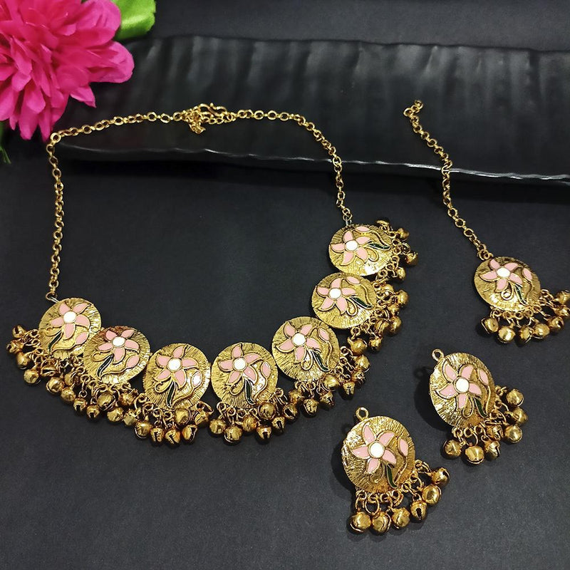 Kriaa Gold Plated Peach Meenakari Necklace Set With Maang Tikka - 1116021G