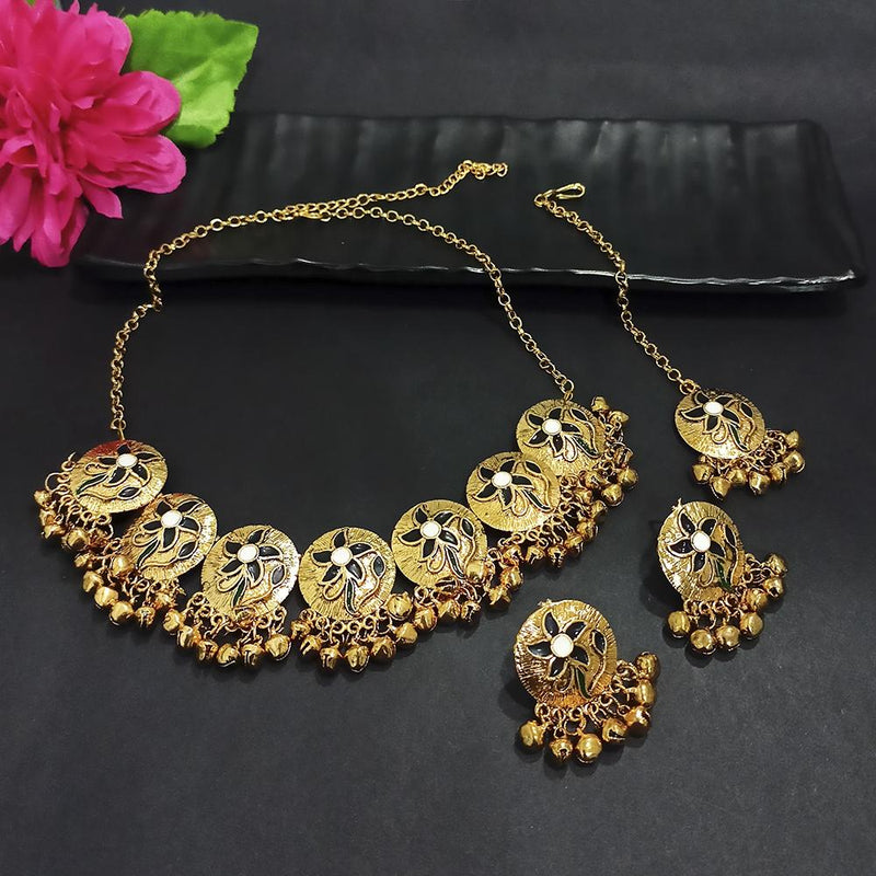 Kriaa Gold Plated Black Meenakari Necklace Set With Maang Tikka - 1116021H