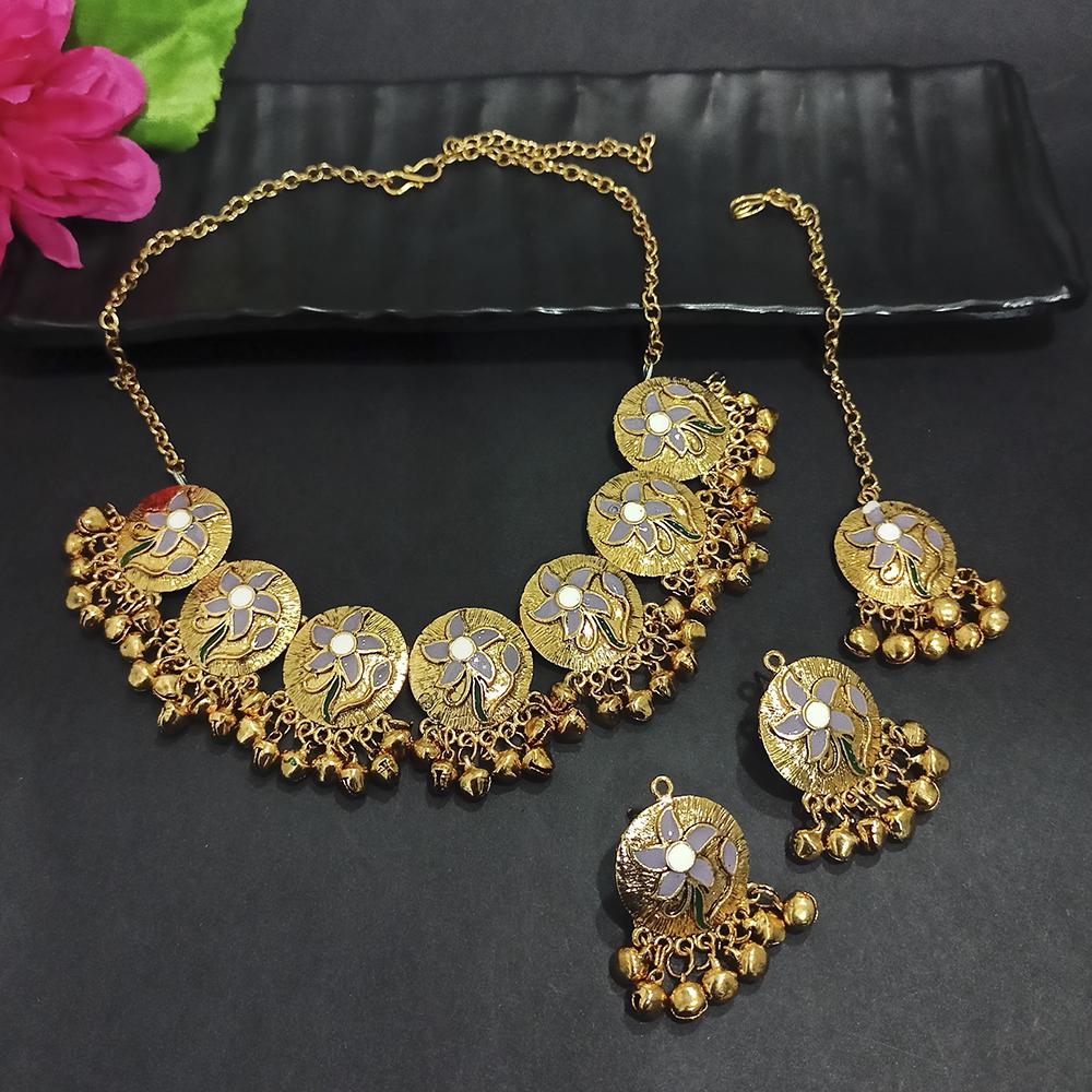 Kriaa Gold Plated Grey Meenakari Necklace Set With Maang Tikka - 1116021J