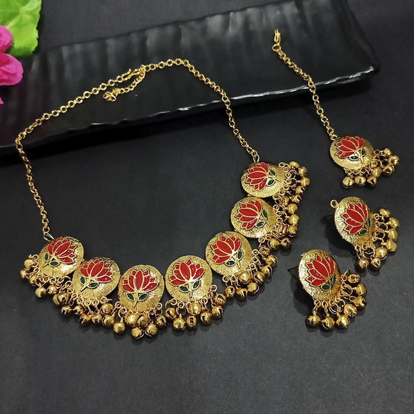 Kriaa Gold Plated Red Meenakari Necklace Set With Maang Tikka - 1116022A