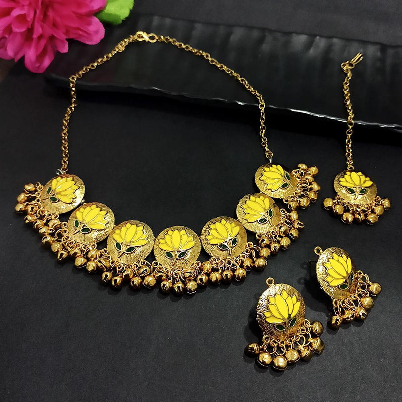 Kriaa Gold Plated Yellow Meenakari Necklace Set With Maang Tikka - 1116022B