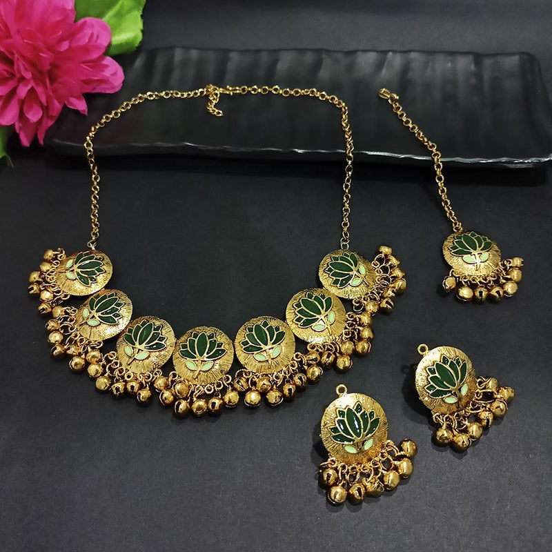 Kriaa Gold Plated Green Meenakari Necklace Set With Maang Tikka - 1116022D