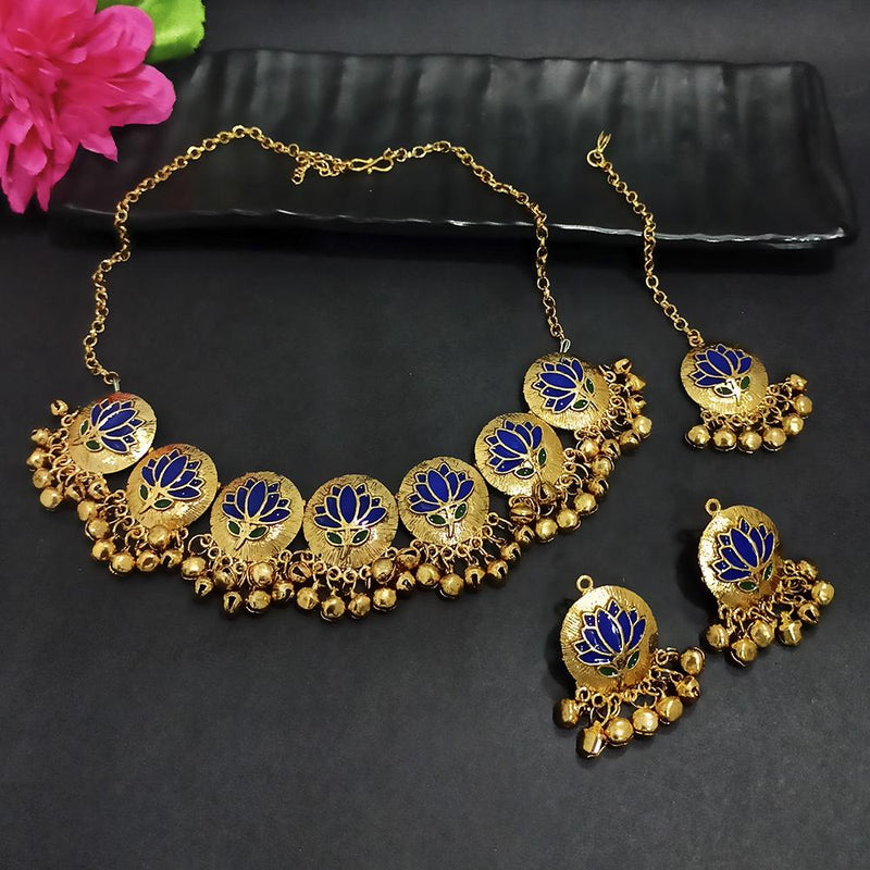 Kriaa Gold Plated Blue Meenakari Necklace Set With Maang Tikka - 1116022E