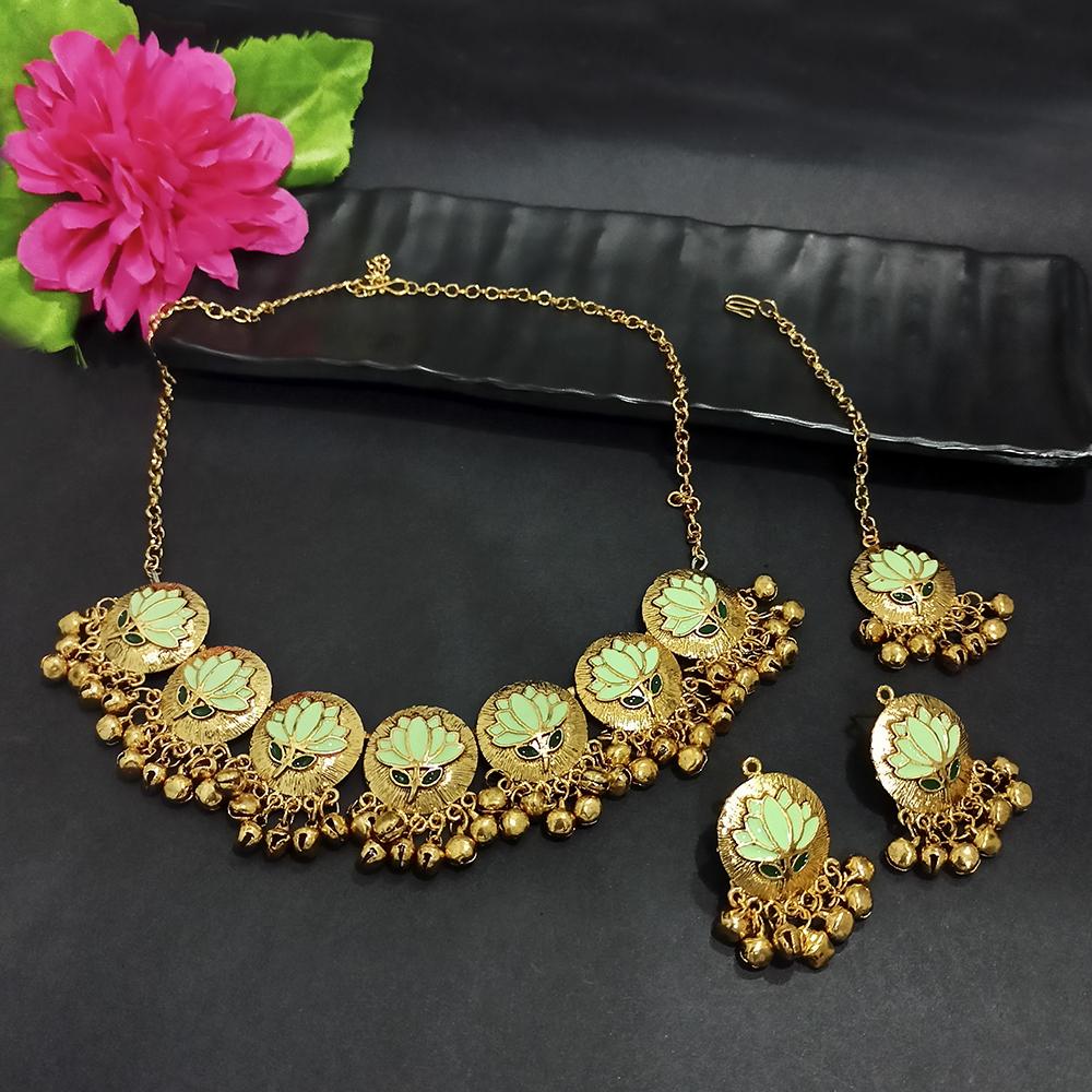 Kriaa Gold Plated Light Green Meenakari Necklace Set With Maang Tikka - 1116022F