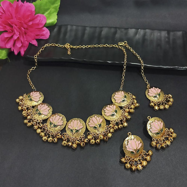 Kriaa Gold Plated Peach Meenakari Necklace Set With Maang Tikka - 1116022G