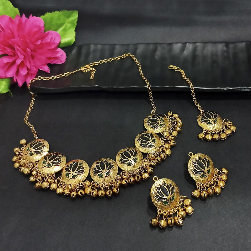 Kriaa Gold Plated Black Meenakari Necklace Set With Maang Tikka - 1116022H