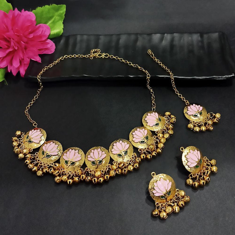 Kriaa Gold Plated Light Pink Meenakari Necklace Set With Maang Tikka - 1116022I
