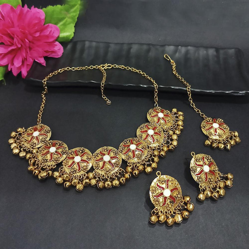 Kriaa Gold Plated Red Meenakari Necklace Set With Maang Tikka - 1116023A