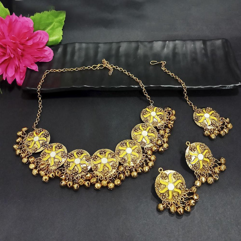 Kriaa Gold Plated Yellow Meenakari Necklace Set With Maang Tikka - 1116023B