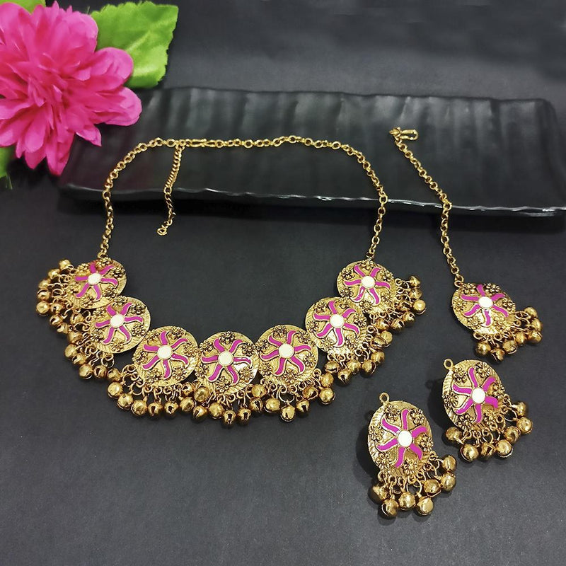 Kriaa Gold Plated Pink Meenakari Necklace Set With Maang Tikka - 1116023C