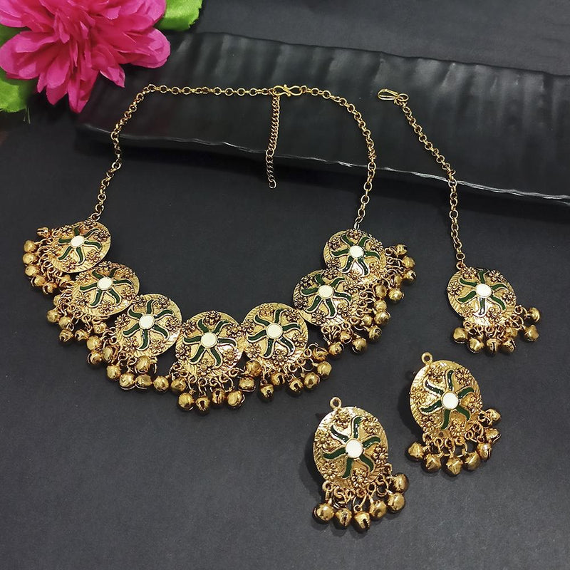 Kriaa Gold Plated Green Meenakari Necklace Set With Maang Tikka - 1116023D