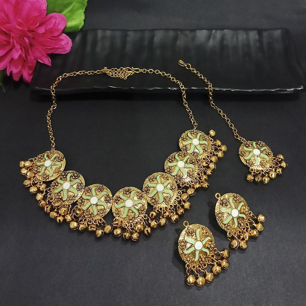 Kriaa Gold Plated Light Green Meenakari Necklace Set With Maang Tikka - 1116023F