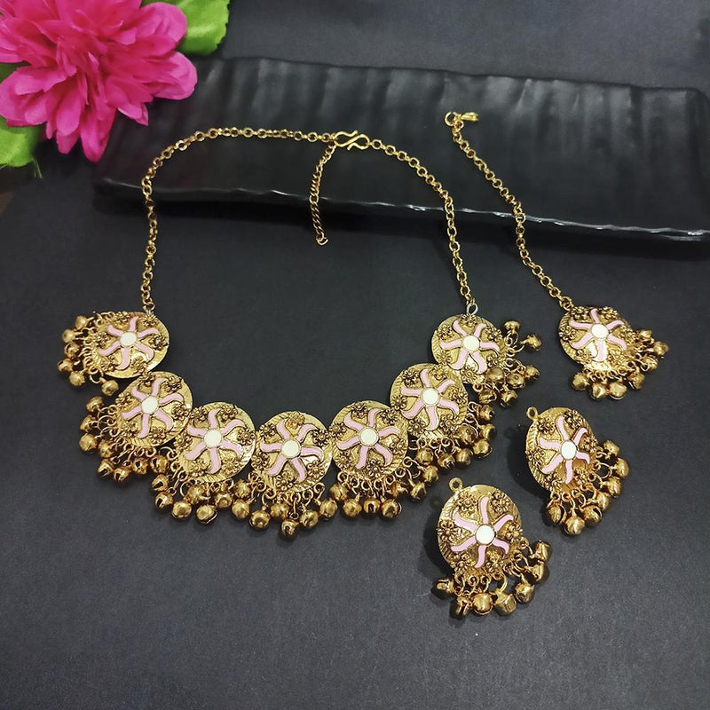 Kriaa Gold Plated Light Pink Meenakari Necklace Set With Maang Tikka - 1116023I