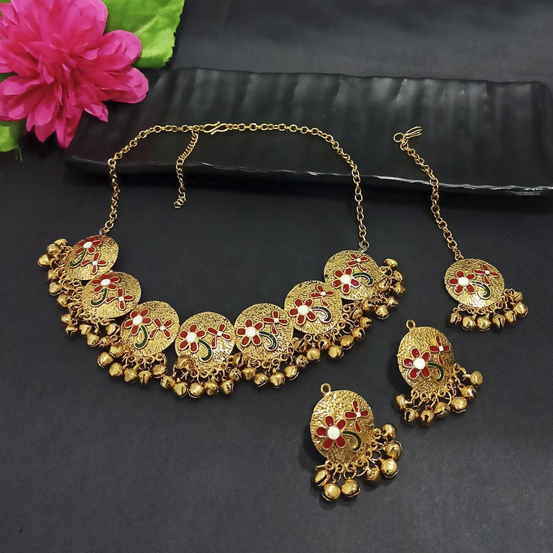 Kriaa Gold Plated Red Meenakari Necklace Set With Maang Tikka - 1116024A